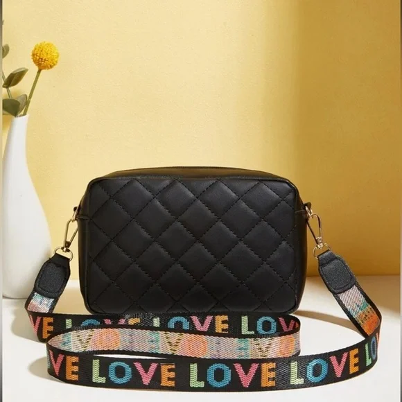 NWOT BLACK  Quilted w/ Multicolor LOVE Strap Purse Small/Med Bag - Picture 6 of 7